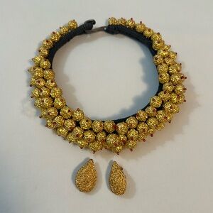 18k Yellow Gold Necklace with Red Enamel and Matching Earrings